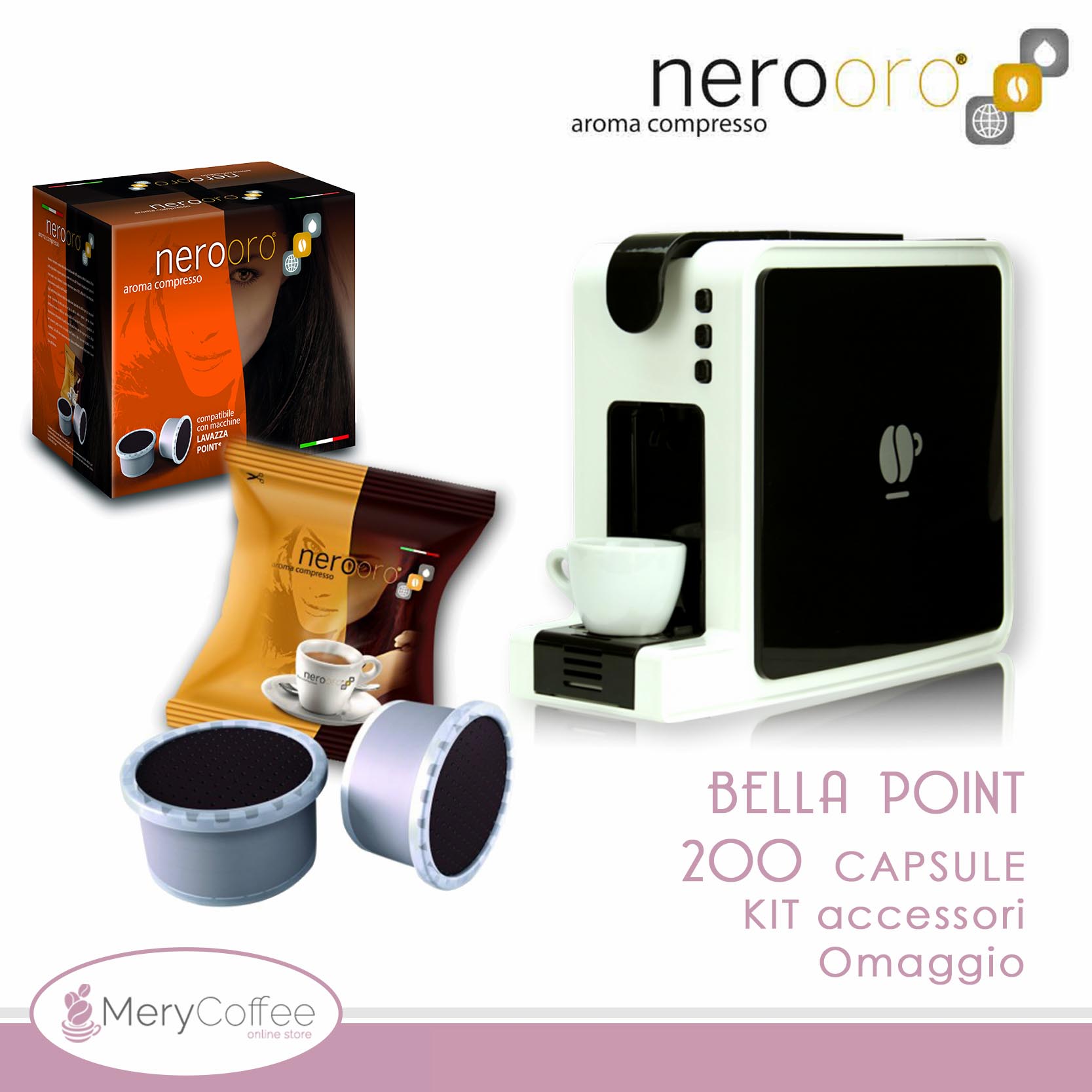 Macchina da caffè BELLA POINT + 200 Capsule Point NeroOro + Kit accessori +  Omaggio - MeryCoffee