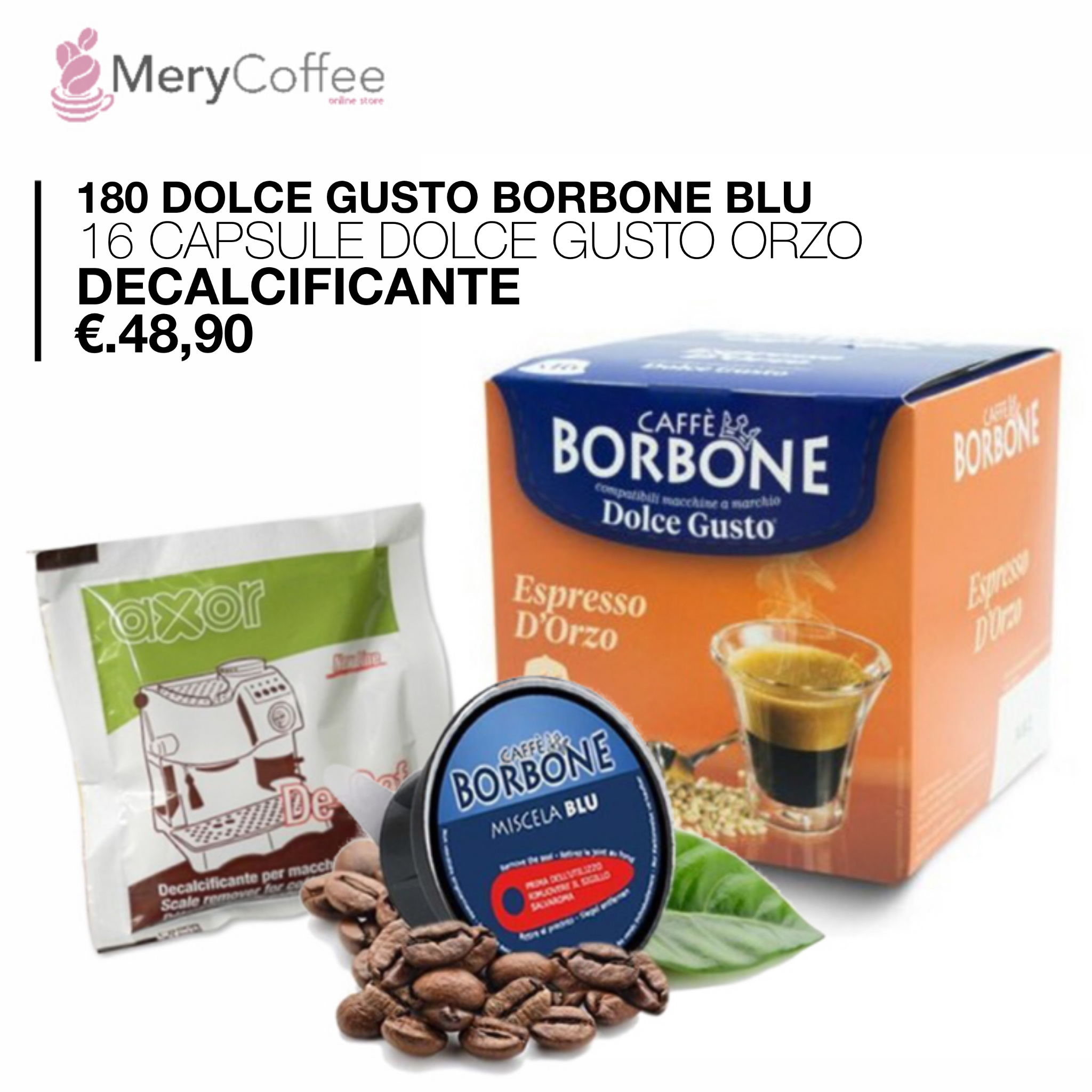 180 dolce gusto borbone blu+16 capsule dolce gusto orzo + decalcificante -  MeryCoffee
